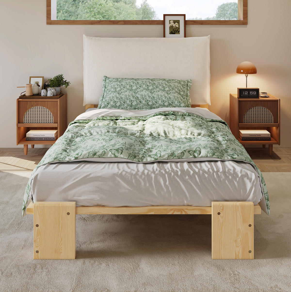 POLSTERBETT 90/200 cm Natur aus Holz und Stoff mit gepolsterter Rückenlehne - Naturfarben, Textil (90/200cm) - OKMYHOME