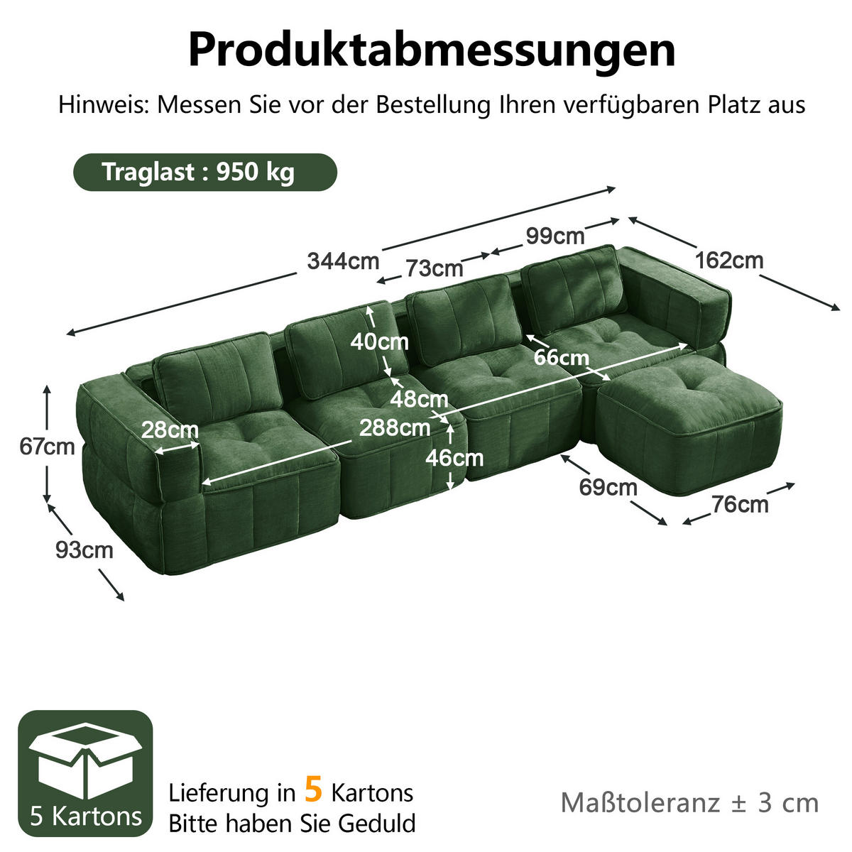 ECKSOFA 344/162/67 cm Grün mit 1 Fußhocker - Grün, Textil (344/162cm) - Oxeza