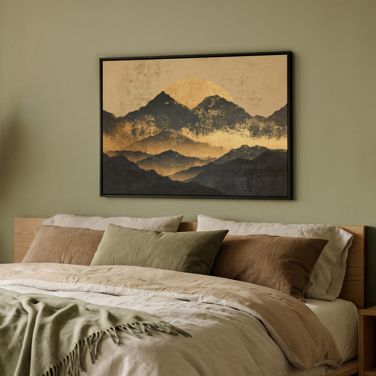 LEINWAND Bilder mit Rahmen - Goldene Berge bei Mondschein - 70x50 - Goldfarben, Textil (70/50cm) - MuchoWow