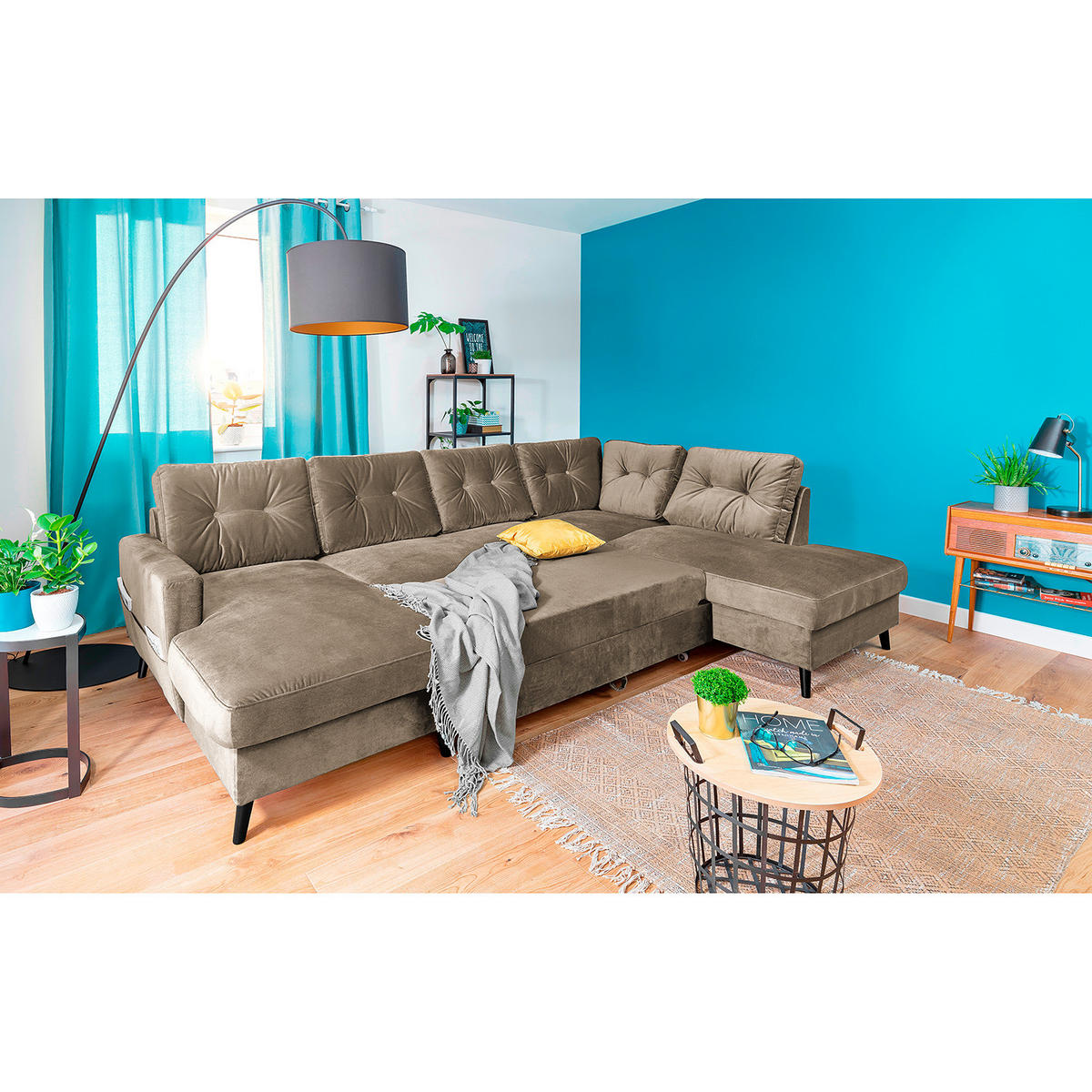 WOHNLANDSCHAFT mit Longchair - Schwarz/Cappuccino, Buchenholz/Textil (297/90/200cm) - home24