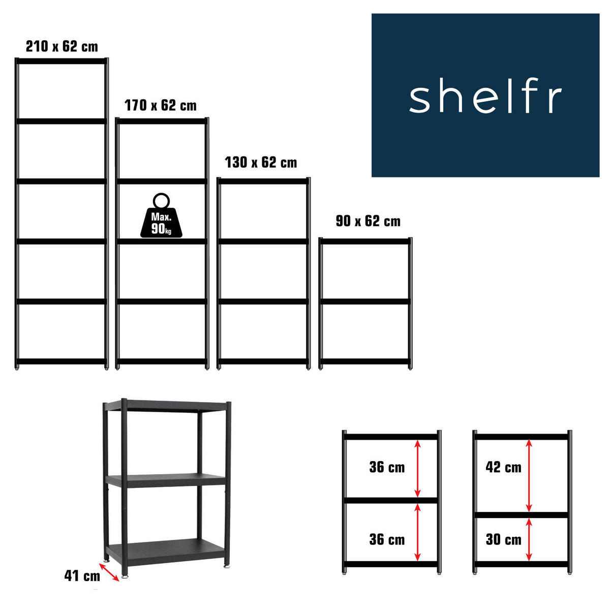 METALLREGAL 244/41/210 cm mit 3-6 Ebenen, Schwarz - Schwarz, Metall (41/210/61cm) - shelfr