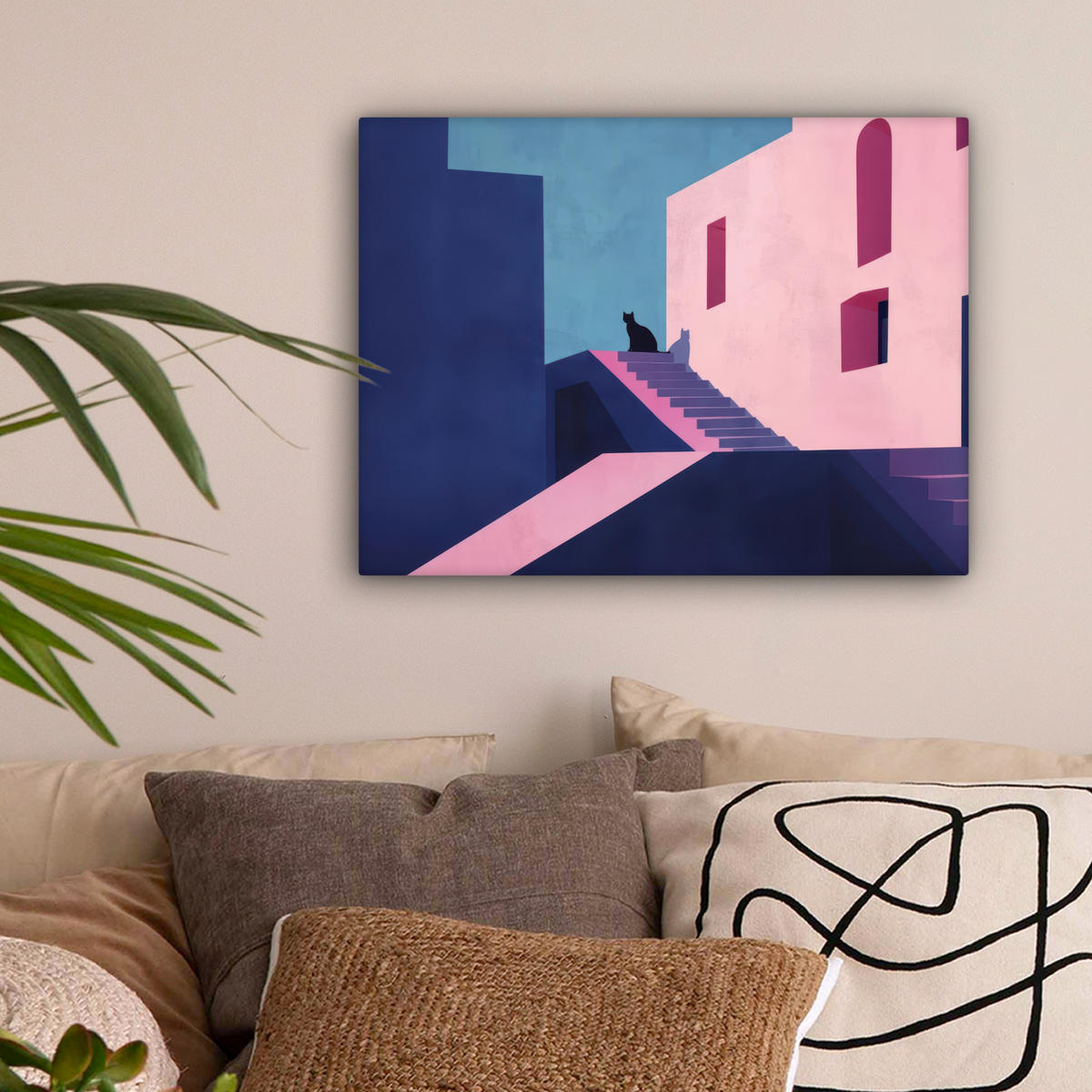 LEINWANDBILD Katze - Treppe - Gebäude - Schattenkontraste Wandbild 40x30 cm - Dunkelblau, Textil (40/30cm) - MuchoWow