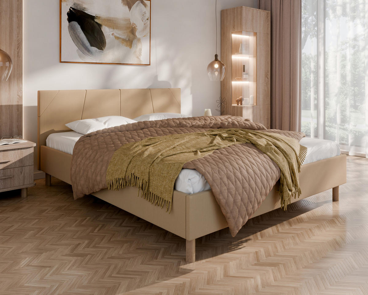 POLSTERBETT ALMORE 160x200cm, Taschenfederkernmatratze LIORA(19cm), Creme - Creme, Holz (160/200cm) - Homesy