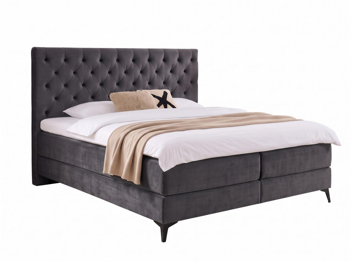 BOXBETT Amber Anthrazit 160/200 cm Samt mit Bettkasten, mit Matratze, mit Premium Topper H2/H3 - Anthrazit/Schwarz, Textil (160/200cm) - wonello