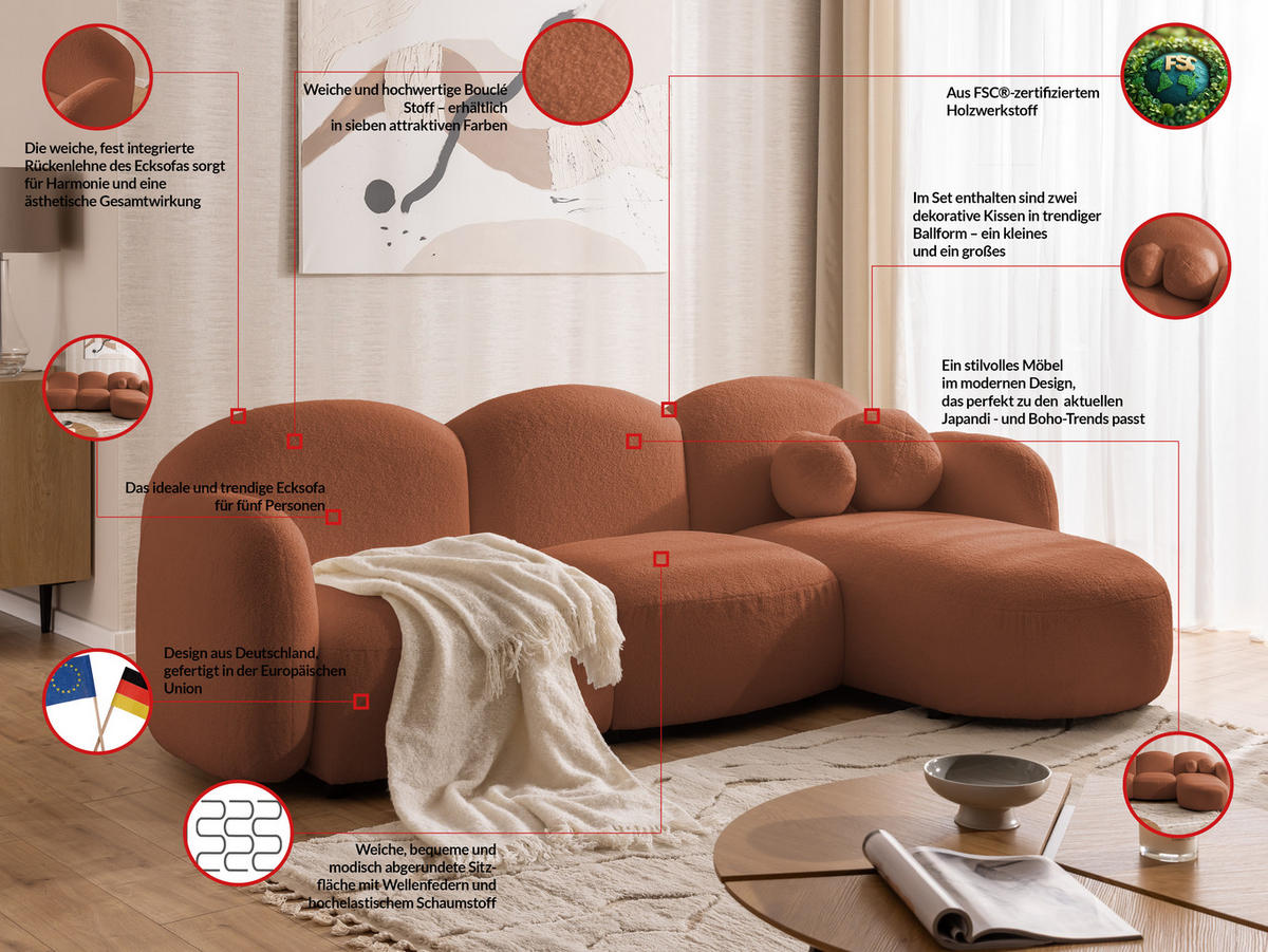 ECKSOFA Nuvola mit abgerundetem Design Terrakotta Bouclé-Stoff - Ottomane Rechts - Terra cotta/Schwarz, Holz/Kunststoff (268/146cm) - S-Style Möbel