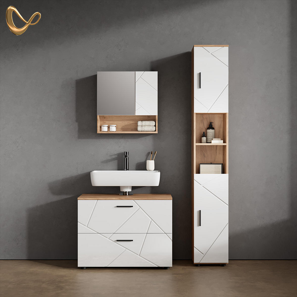 BADMÖBEL-SET Ronco Weiß Hochglanz/Goldkraft Eiche 2 Teile - Weiß Hochglanz/Eiche Wotan, Holzwerkstoff (80/55/41cm) - Livinity®