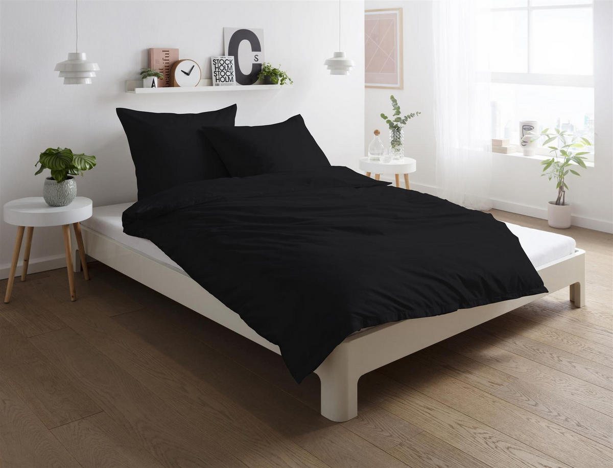 MAKO-SATIN-BETTWÄSCHE 155x220 Bettbezug einfarbig 100% Baumwolle - Uni Schwarz - Schwarz, Textil (155/220cm) - Carpe Sonno