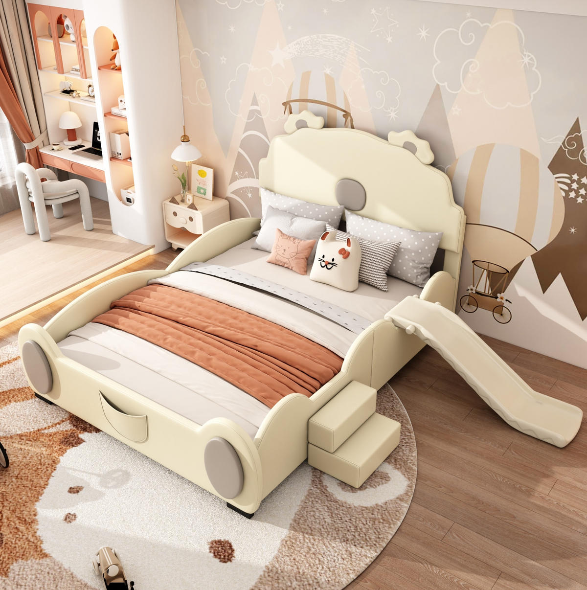 KINDERBETT 140/200 cm mit Rutsche und Leiter im Cartoon-Bärendesign aus PU, Beige - Beige, Kunststoff (140/200cm) - Redom