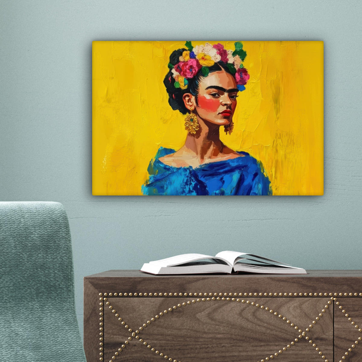 LEINWANDBILD Frida Kahlo - Frau - Gelb - Blau - Blumen 30x20 cm - Gelb, Textil (30/20cm) - MuchoWow