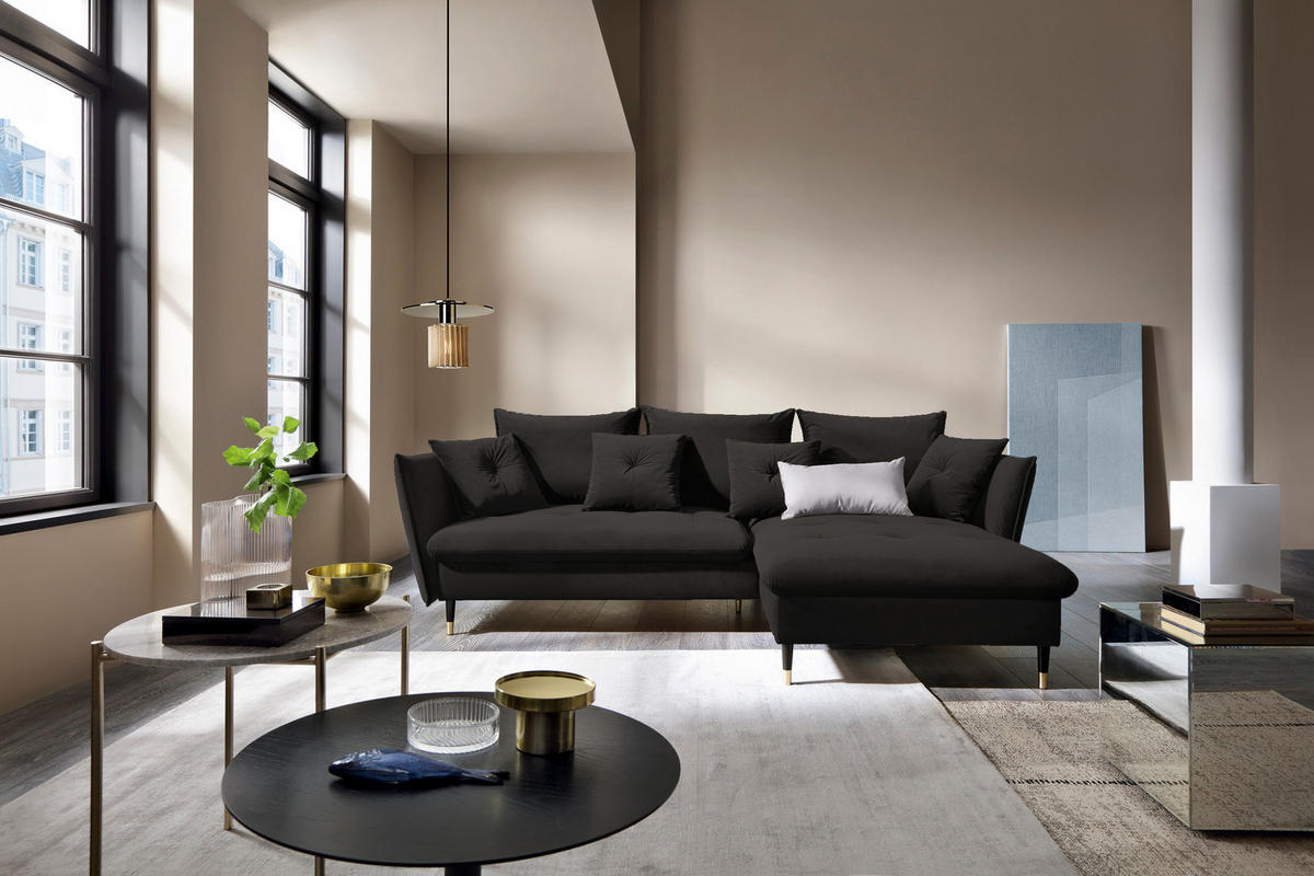 ECKSOFA GLAM mit Schlaffunktion, Ottomane & goldenen Füßen – Samtsofa im Glamour-Stil mit Zierkissen, 258x167x91 cm, rechte, schwarz - Schwarz, Holz/Textil (258/167cm) - DomoHome