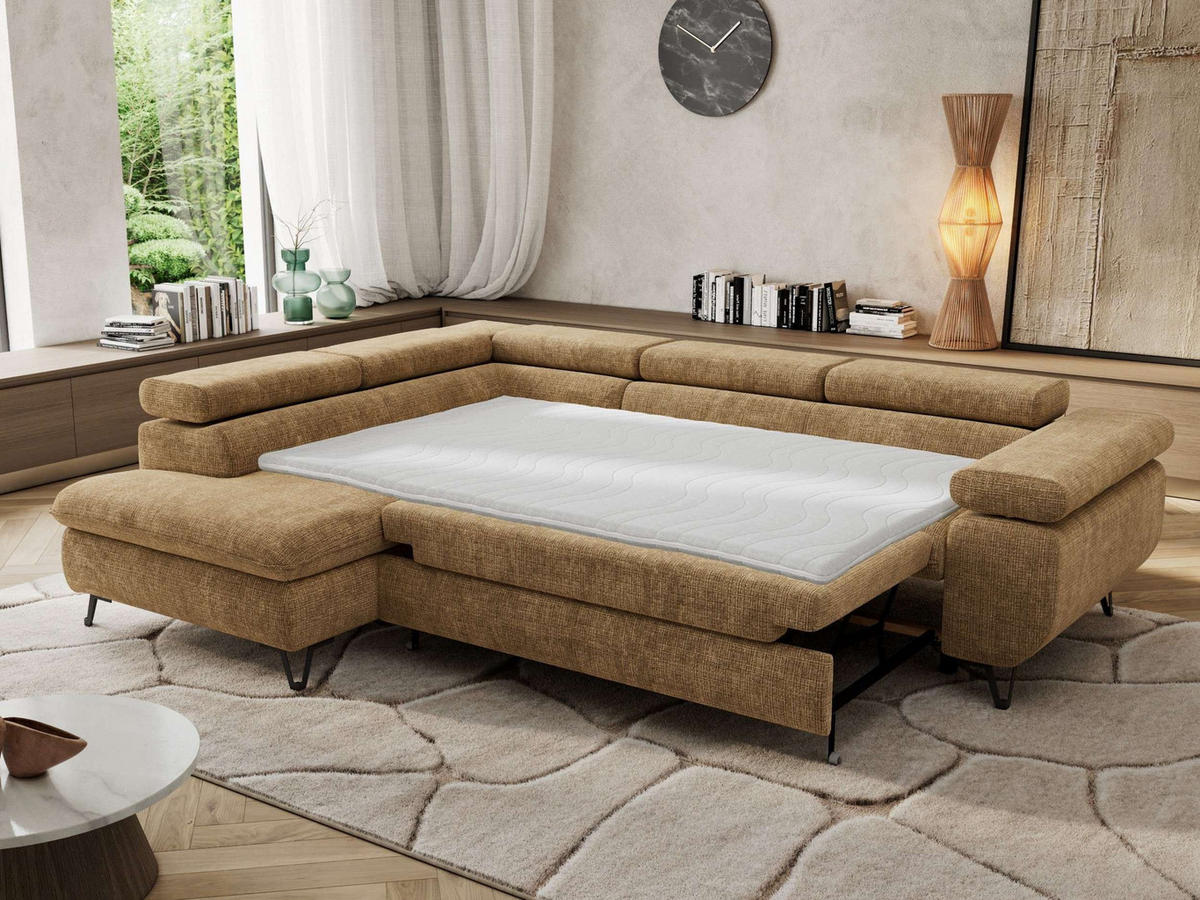 ECKSOFA PABLO L Hellbraun Schenille grob gewebt - Links Seite mit Visco Topper - Hellbraun/Schwarz, Textil/Metall (208/273cm) - MKS