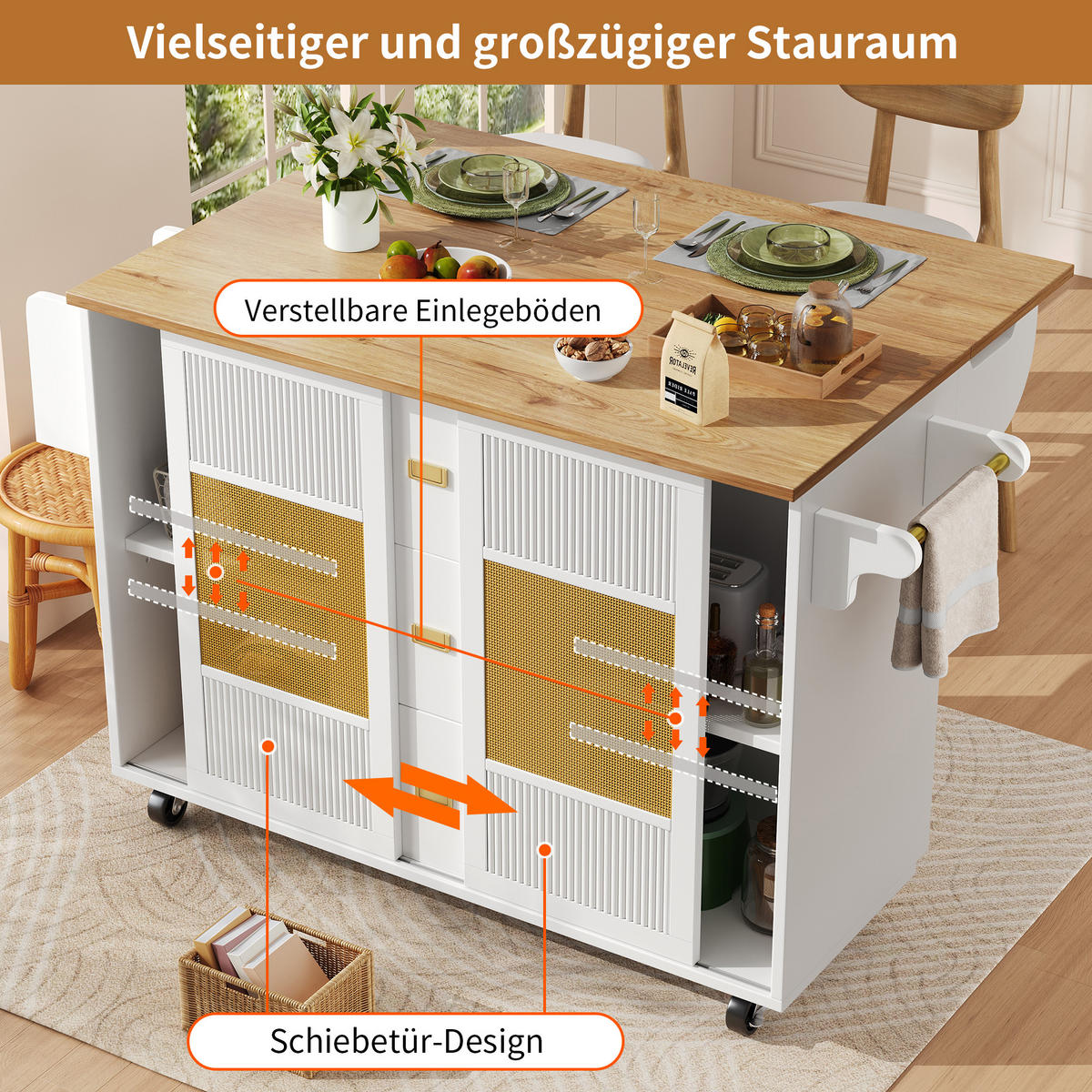KÜCHENINSEL 146.85x70x90cm Weiß mit Schubladen, Schiebetüren & 6 Rollen - Weiß, Holzwerkstoff (146.85/90/70cm) - Modfu