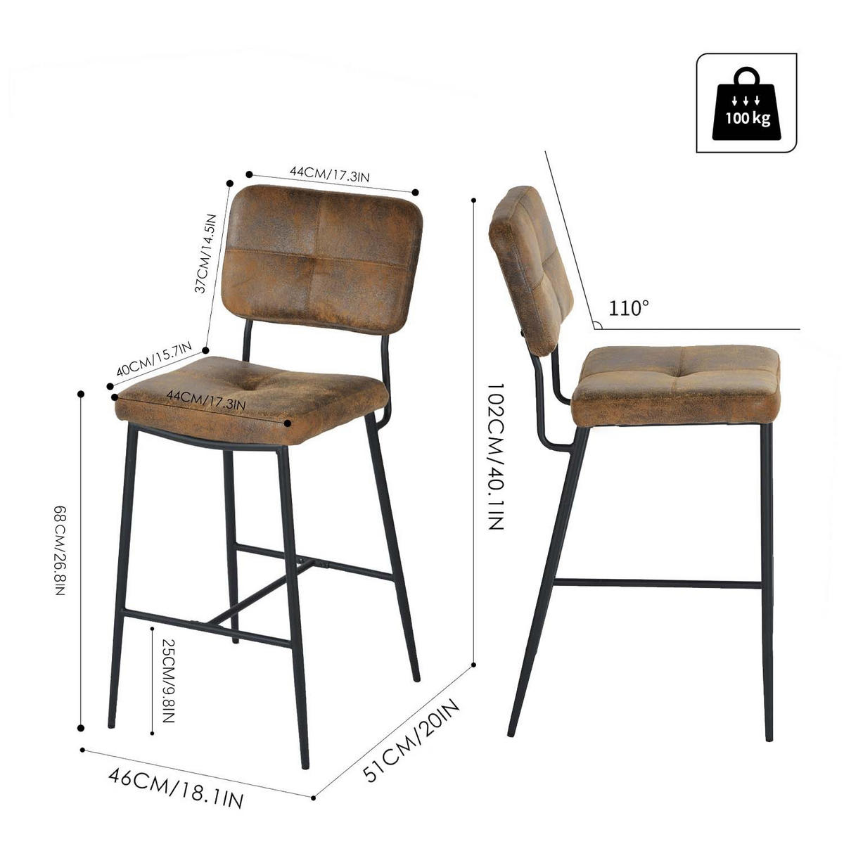 BARHOCKER 4er-Set, 69 cm Sitzhöhe, Gepolsterte Barstühle aus Velourslederimitat mit Rückenlehne und Fußstütze - Braun, Metall (46/102/51cm) - Meubles Cosy