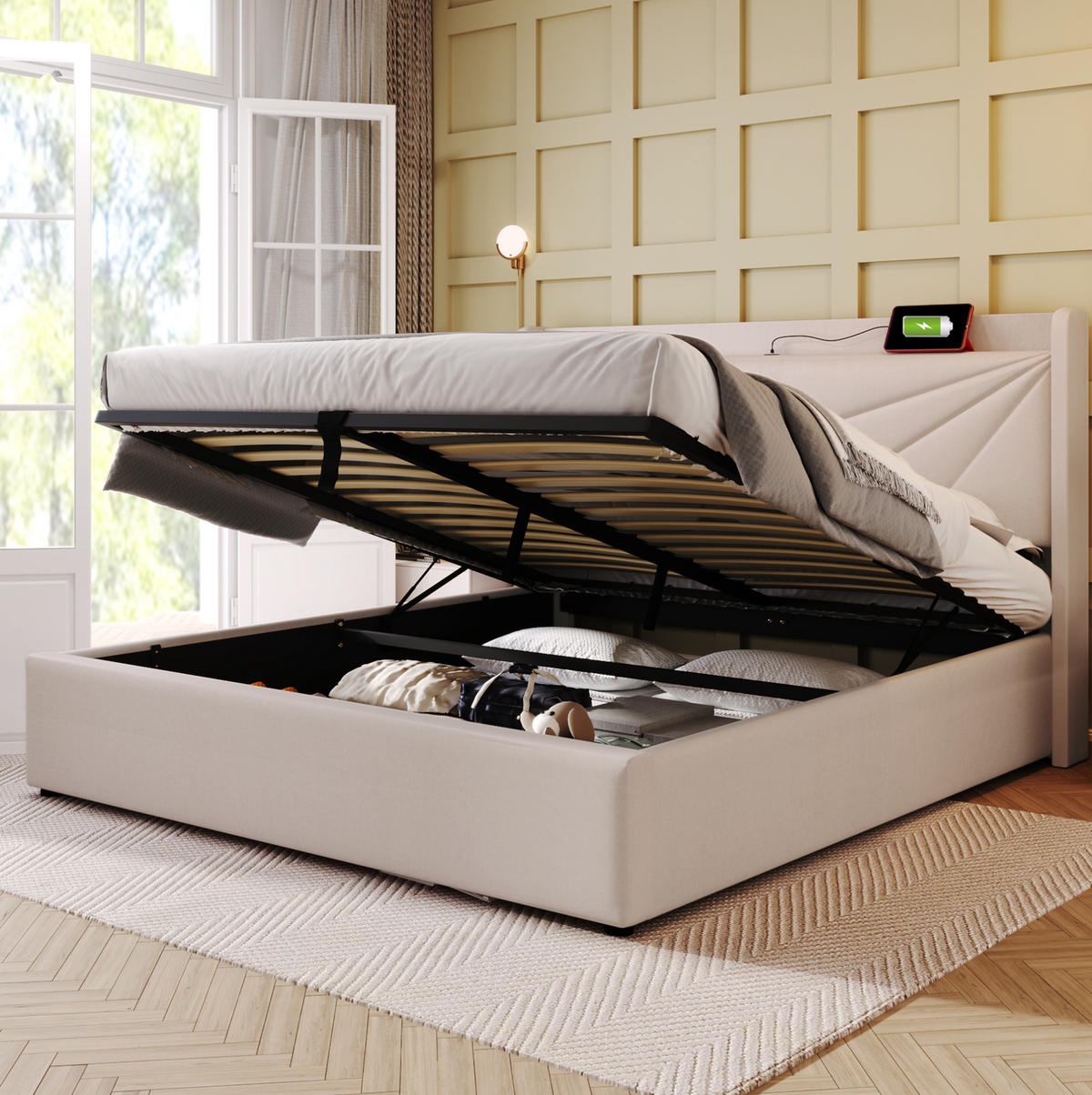 BETT mit Bettkasten und USB/Typ-C 180x200 cm Beige - Beige, Metall (180/200cm) - Meubliv