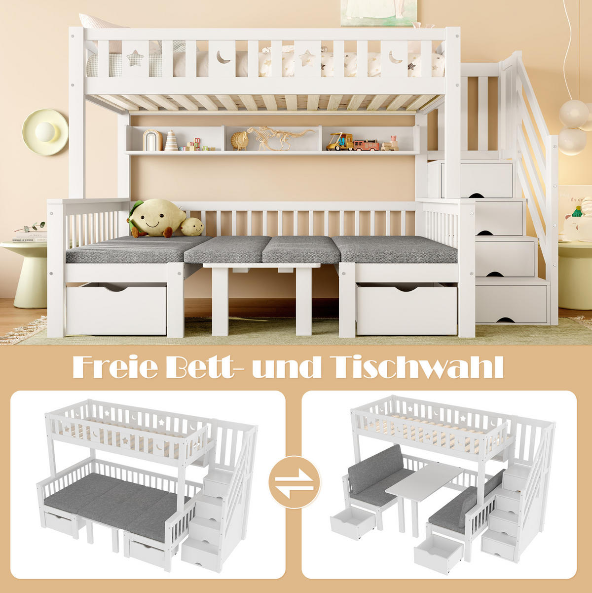 VISOKI krevet 90/200 cm s pretvorbom u krevet i stol, spremištem u stepenicama i sigurnosnim ogradama, Bijeli - bijela, drvo (90/200cm) - Redom