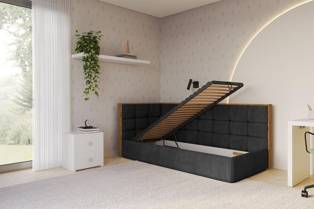 EINZELLBETT Jugendbett mit Bettkasten, Rechts - SOVY 100x200 Schwarz - Anthrazit, Holzwerkstoff/Textil (100/200cm) - ALTDECOR