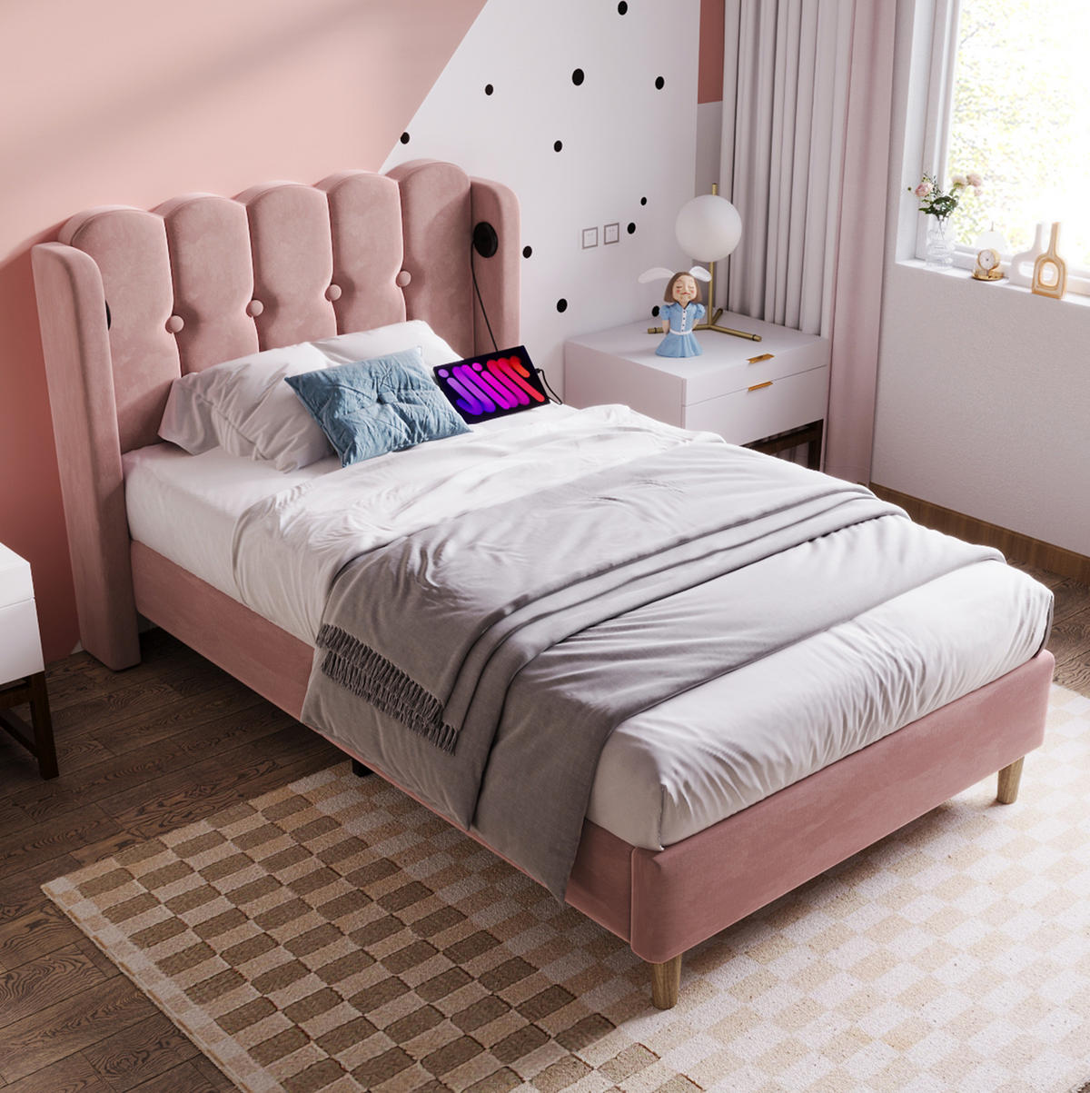 POLSTERBETT 90/200 cm Rosa aus Samt mit Matratze und USB- und Type-C-Anschlüssen - Rosa, Textil (90/200cm) - Flora Grace