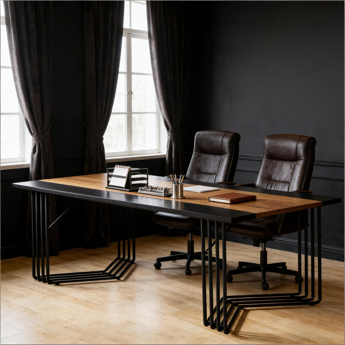 SCHREIBTISCH Schwarz und Rustikales Braun 200/100/75 cm Metallrahmen - Schwarz, Holzwerkstoff (100/200/75cm) - PANGIVO