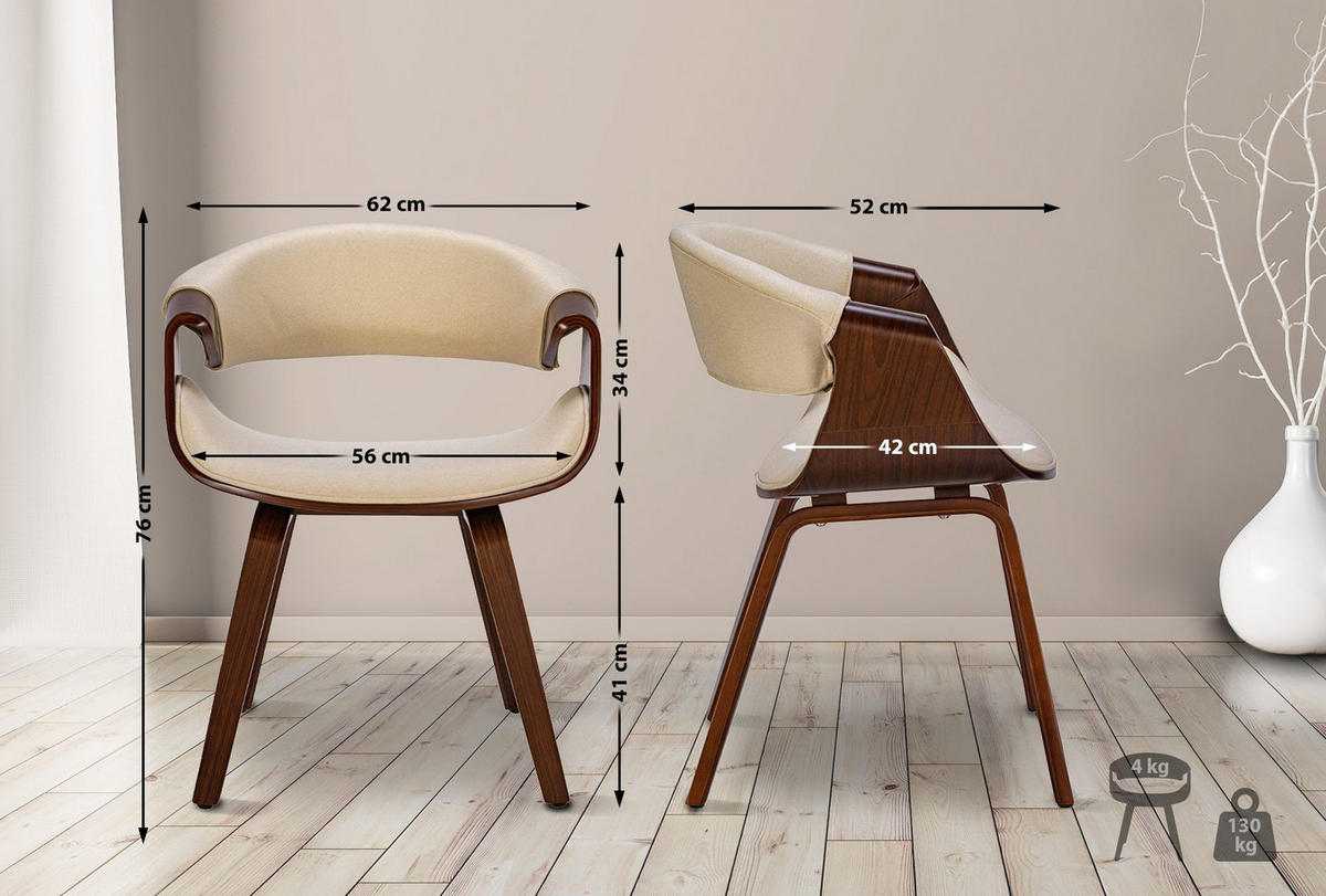STUHL Stoff Walnuss/Creme - Walnussfarben/Creme, Holz/Textil (62/76/52cm) - CLP