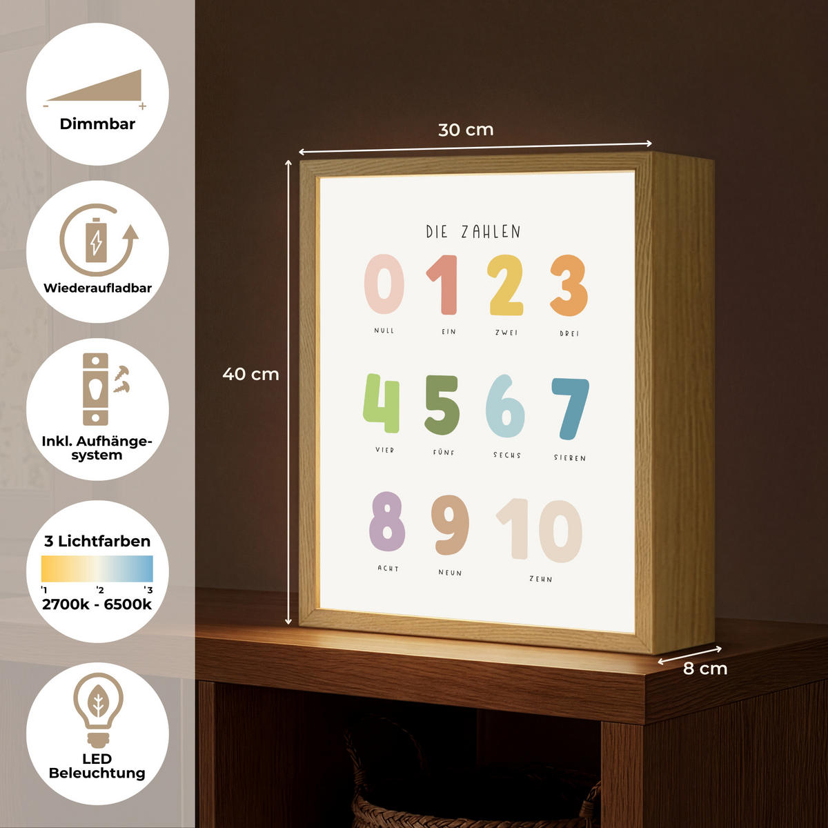 NACHTTISCHLAMPE MIT AKKU Pädagogisch - Zählen lernen - Weiß - Farben - 1-10 30x40 cm - Weiß, Holzwerkstoff (8/30/40cm) - OnlyWow