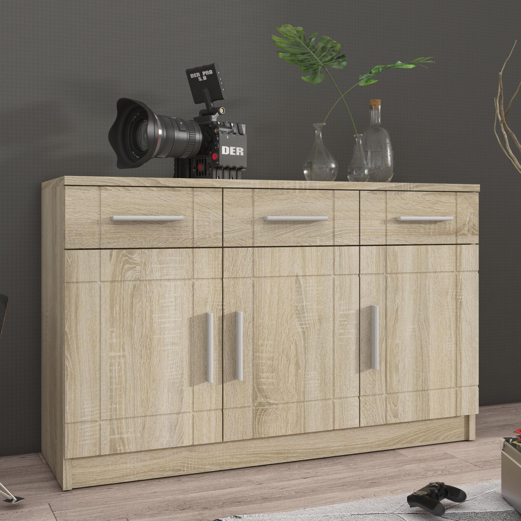 KOMMODE PERUGIA 103/70/37 cm mit 3 Schubladen 3 Türen Sonoma Eiche - Sonoma Eiche, Holzwerkstoff (103/70/37cm) - MASSENO