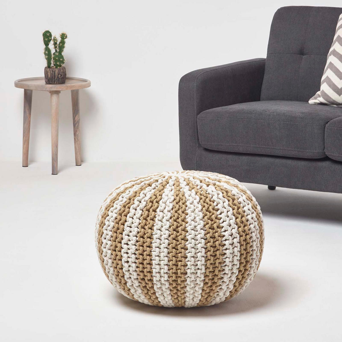 STRICKPOUF rund, beige-creme gestreift, 50/50/40 cm - Beige, Textil (50/40/50cm) - Homescapes