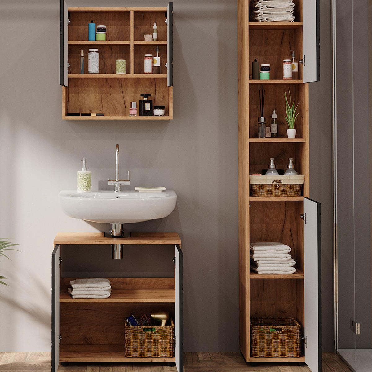 BADMÖBEL-SET Irma Anthrazit gestreift 3 Teile, mit Hochschrank - Honigeiche/Anthrazit, Holzwerkstoff (80/58.6/41cm) - Vicco