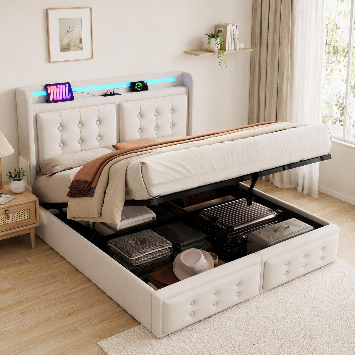 POLSTERBETT 160/200 mit Bettkasten, LED und USB in Beige - Beige, Holzwerkstoff/Textil (160/200cm) - EVRYAE