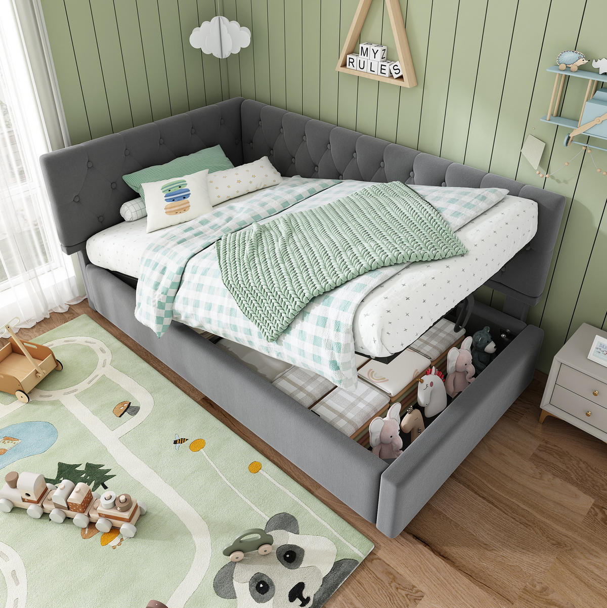 POLSTERBETT L-förmig mit Stauraum Samt Grau 90/200 cm - Grau, Textil (90/200cm) - OKWISH