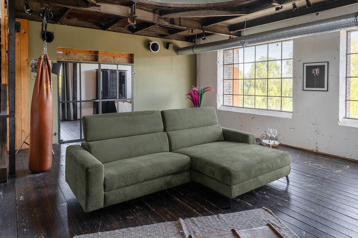 ECKSOFA LAISKA Grün Cord - Schwarz/Olivgrün, Textil/Metall (282/177cm) - KAWOLA