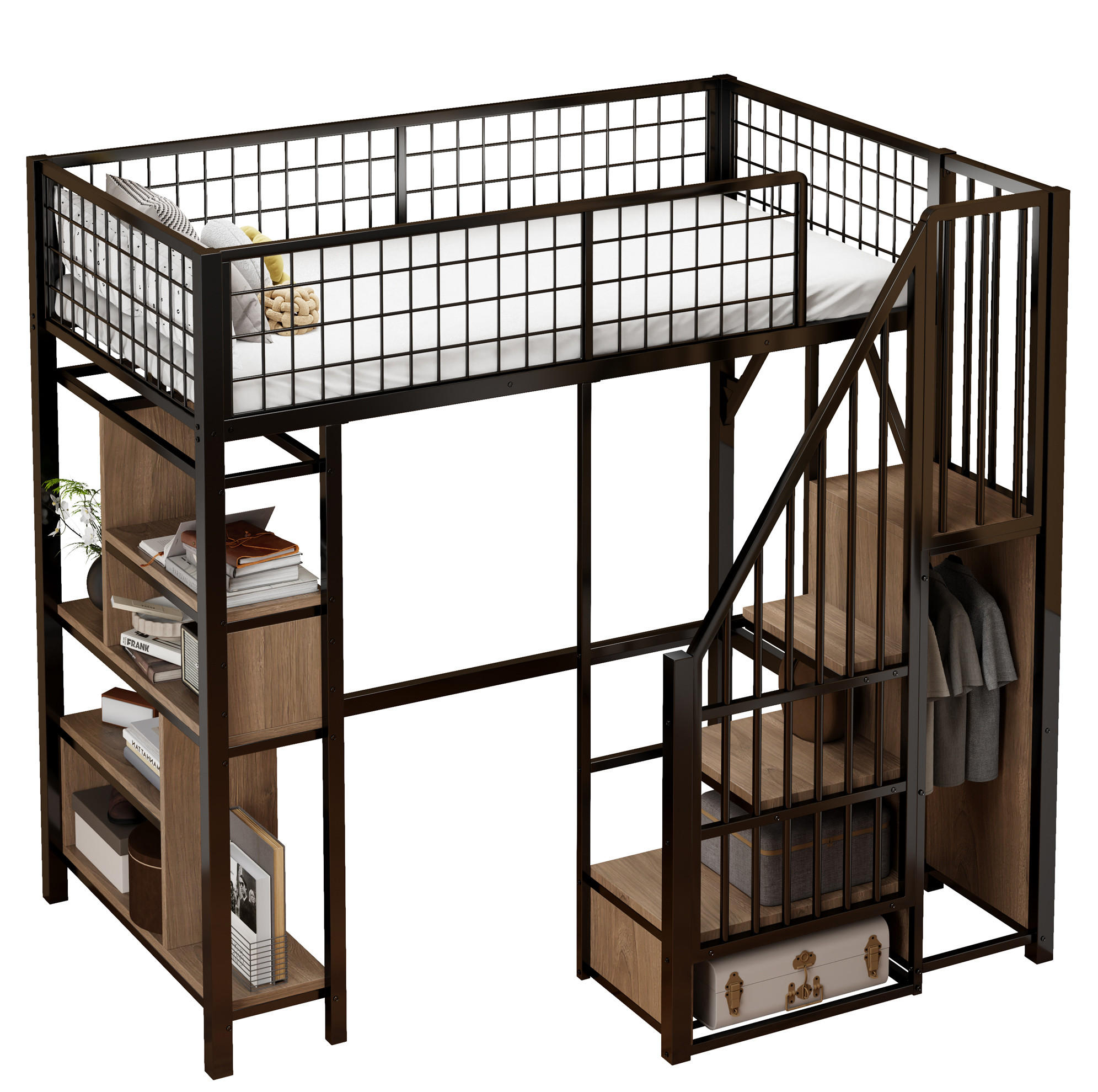HOCHBETT 90/200 cm aus Metall und Holz mit Stauraumtreppe, Schwarz - Schwarz, Metall (90/200cm) - Flora Grace