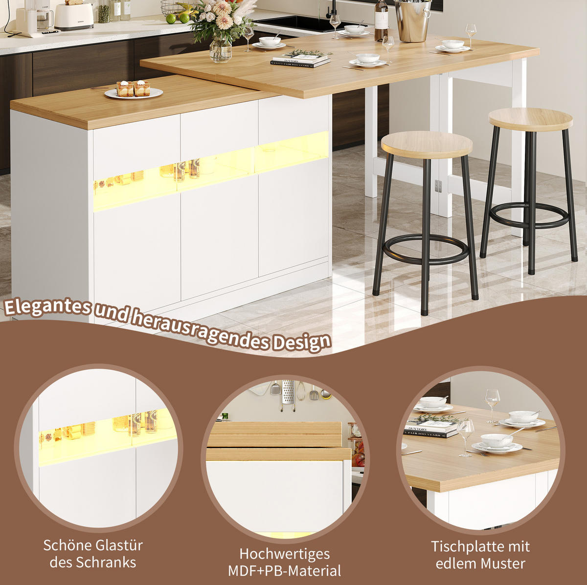 BARTISCH ausziehbar mit LED-Lichtleiste & Stauraum, 120-180/40/71,5 cm, Weiß - Weiß, Holzwerkstoff (40/71.5/107cm) - Redom