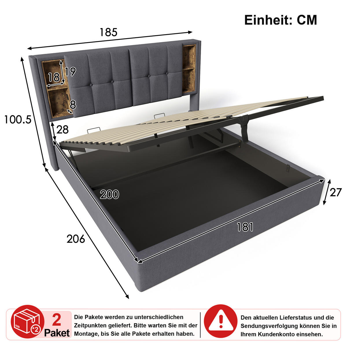 ČALOUNĚNÁ POSTEL 180 × 200 cm v šedé barvě s úložným prostorem, USB a USB-C - šedá, kov/kompozitní dřevo (180/200cm) - WISHDOR