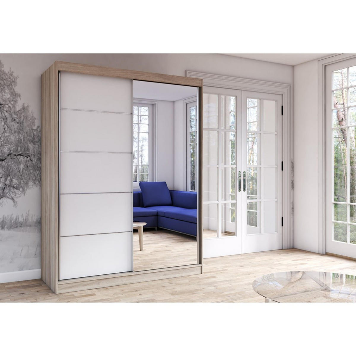 SCHIEBETÜRENSCHRANK - Beni 05 Classic (Sonoma + Weiß) - Weiß/Sonoma Eiche, Holzwerkstoff/Metall (150/200/61cm) - Möblo