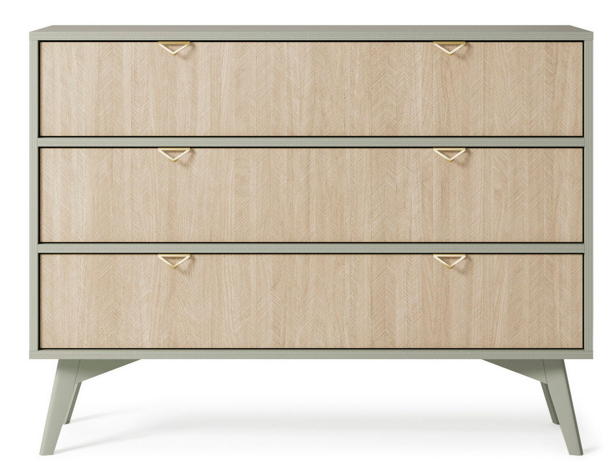 KOMMODE Silva 106 cm in Eukalyptus + Scandi-Fischgrätmuster mit Schubladen - Goldfarben/Grün, Holz/Holzwerkstoff (106/81/38cm) - Ravio