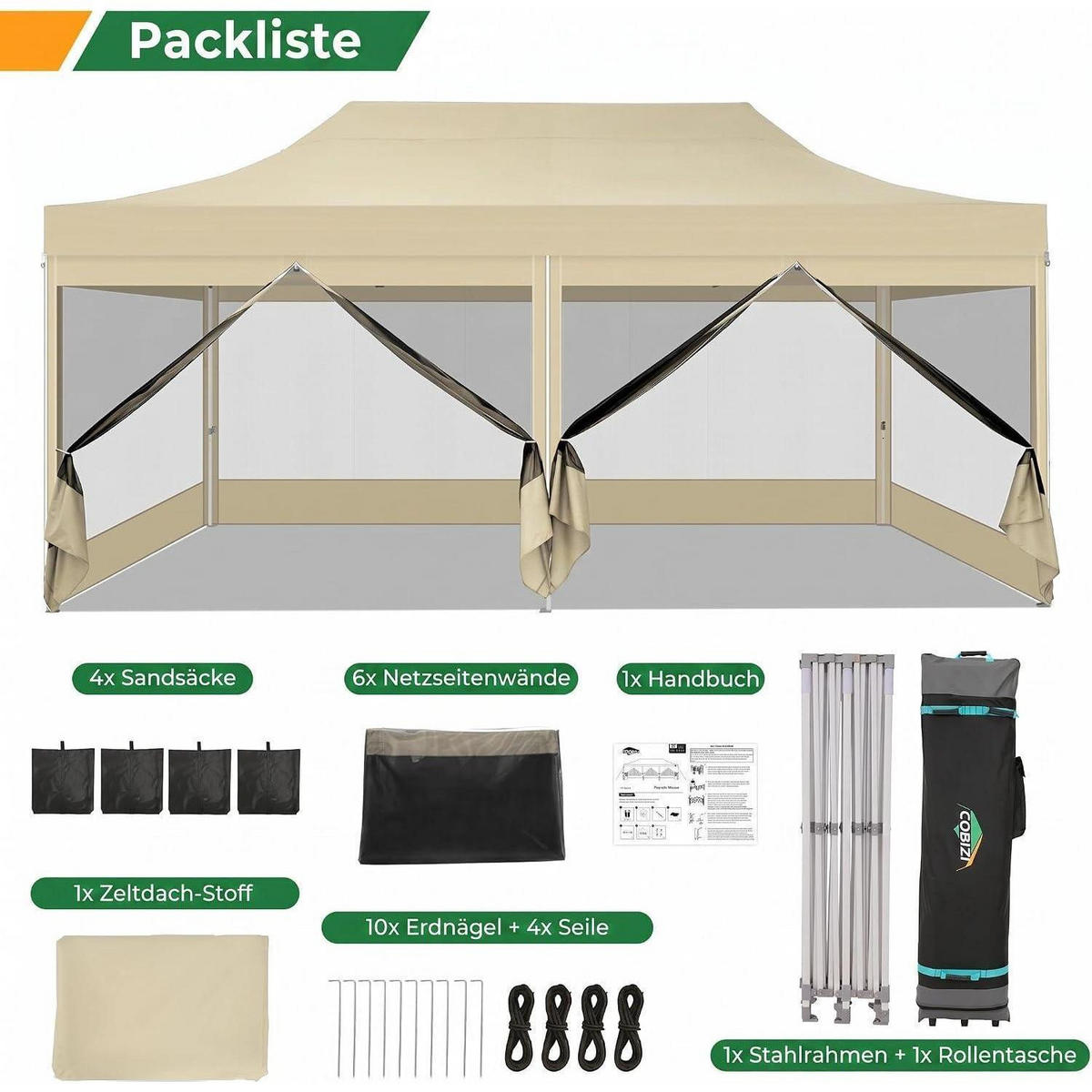 FALTPAVILLON 3x6m Wasserdicht Stabil mit 6 Seitenwänden Khaki - Olivgrün, Textil (300/335/600cm)