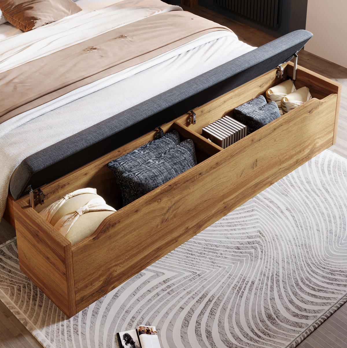 BETT 160/200 cm Eiche aus Holz mit Nachttischen, Bettbank und Leselampen - Eichefarben, Holzwerkstoff (160/200cm) - OKMYHOME