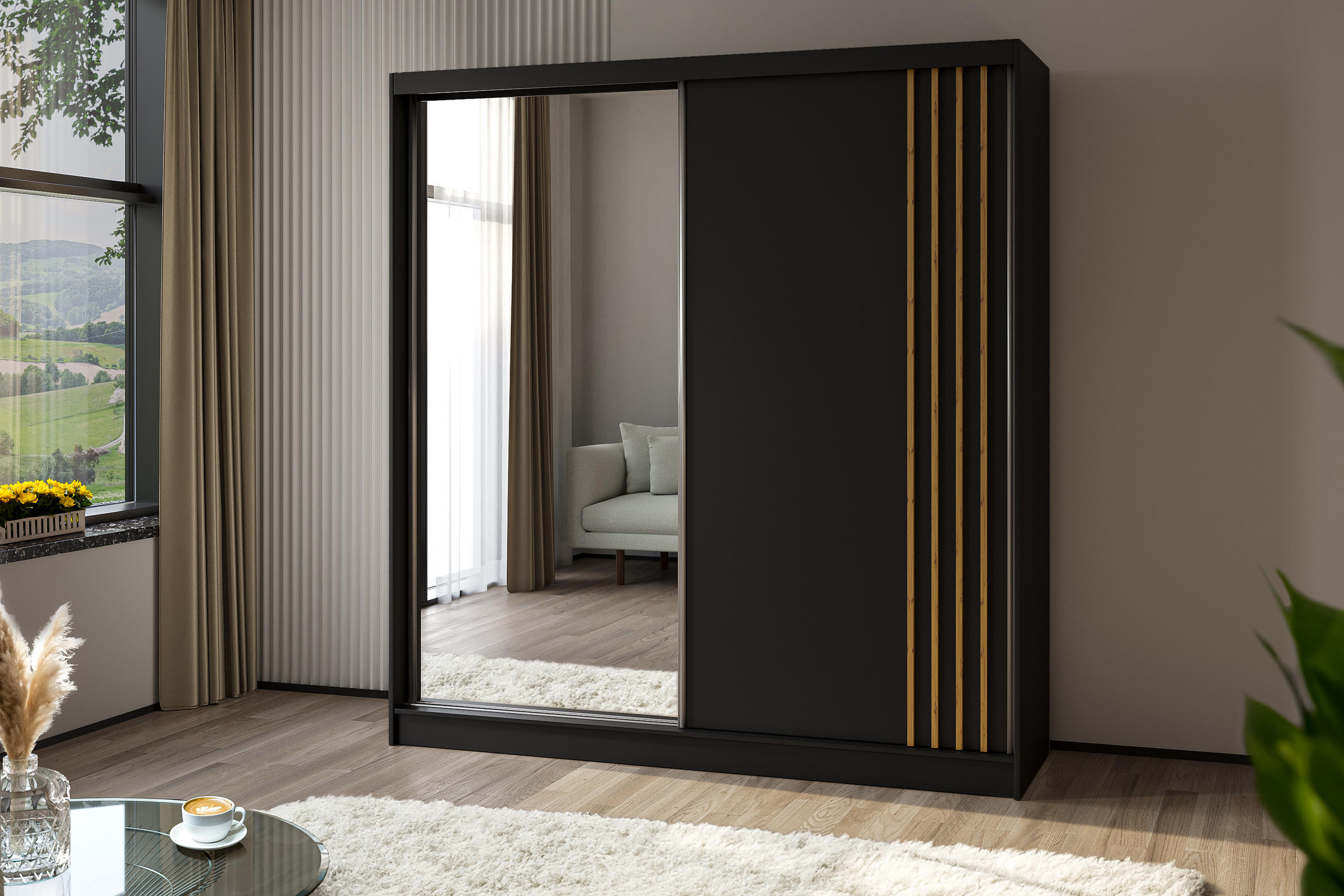 KLEIDERSCHRANK mit Spiegel-Schiebetüren und Aluminium-Leisten, LED-Beleuchtung - NALLA - 200 cm Schwarz+Schwarz+Artisan - Anthrazit/Eiche Artisan, Holzwerkstoff (200/216/61cm) - ALTDECOR