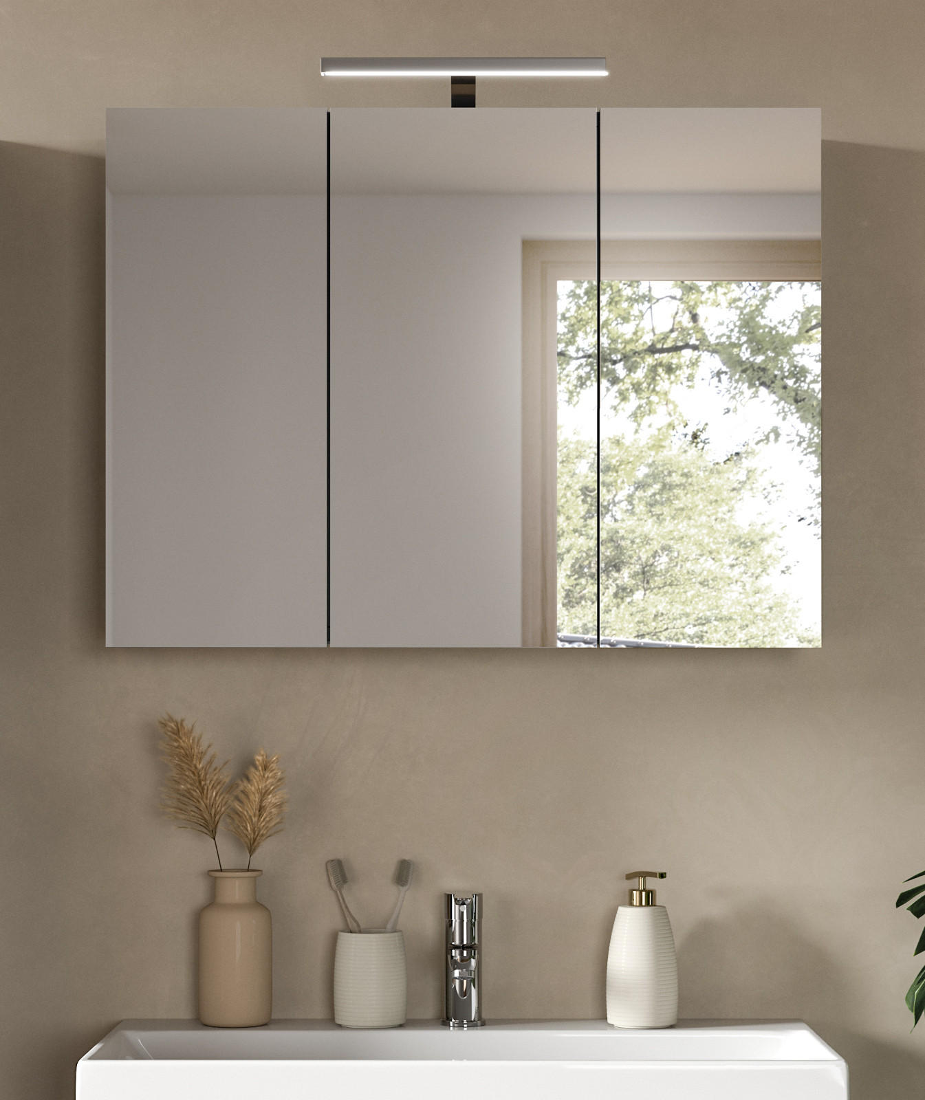 SPIEGELSCHRANK grau 80 cm, Badschrank 3-türig mit Soft-Close - Grau, Glas/Holzwerkstoff (80/60/15cm) - Inn.Furn