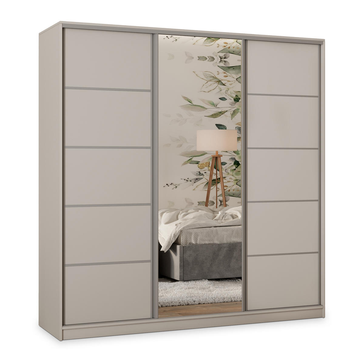 SCHWEBETÜRENSCHRANK PINA 180/205/58 cm 3-türig mit Spiegel und Schubladen Kaschmir - Kaschmir/Silberfarben, Holzwerkstoff (180/205/58cm) - MASSENO