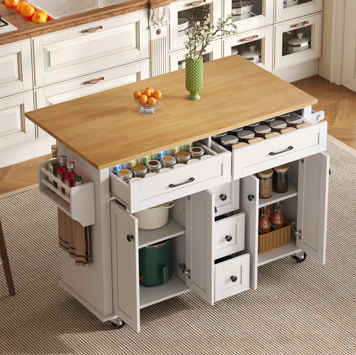 KÜCHENINSEL 140/40-65/89 cm aus MDF mit ausklappbarer Arbeitsplatte Weiß/Natur - Weiß, Holzwerkstoff (140/89/65cm) - Modenvie