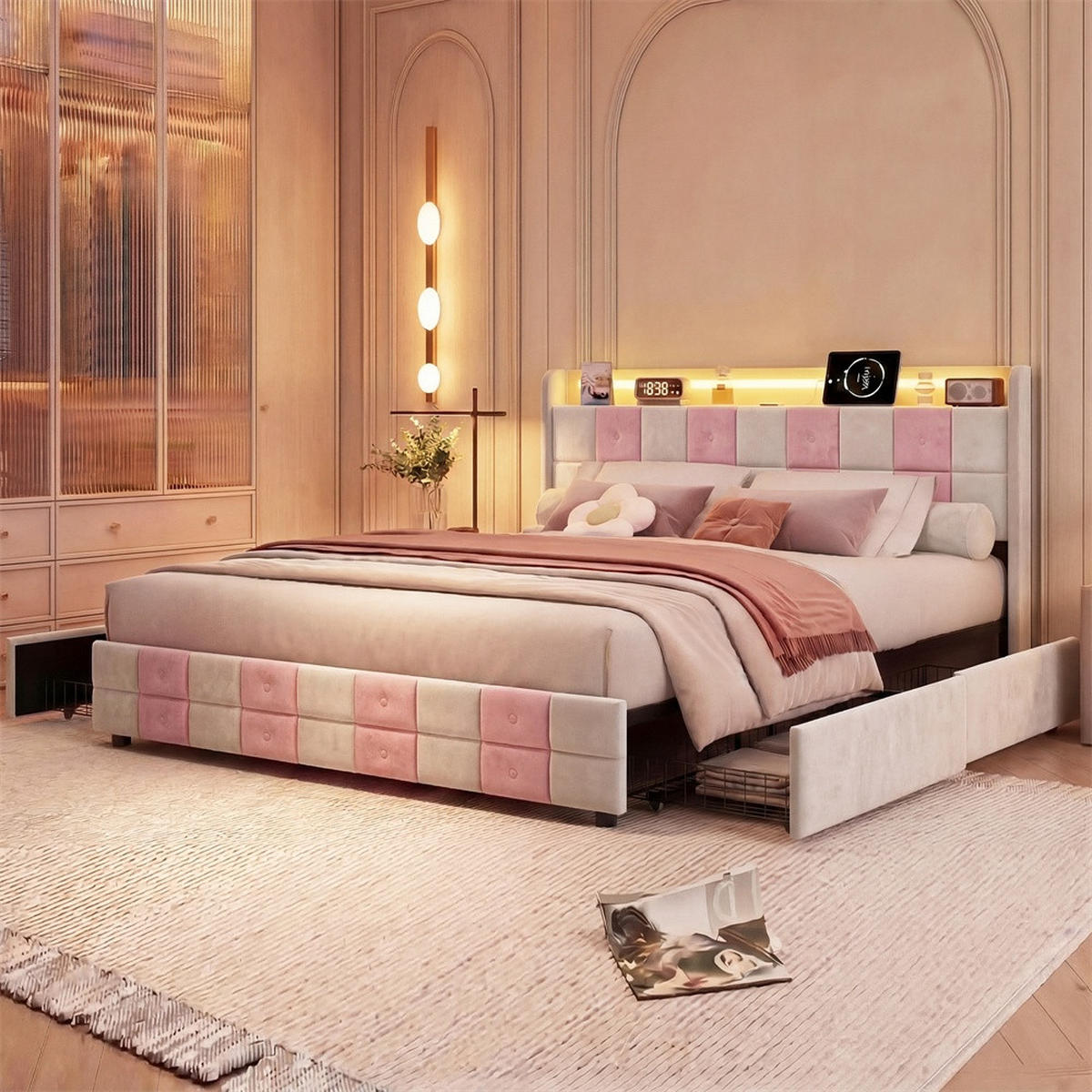 POLSTERBETT 140x200 cm - mit LED-Beleuchtung&USB-Ladefunktion und 4 Schubladen - ohne Matratze - Weiß-Rosa - Pink, Textil (140/200cm) - DELFA