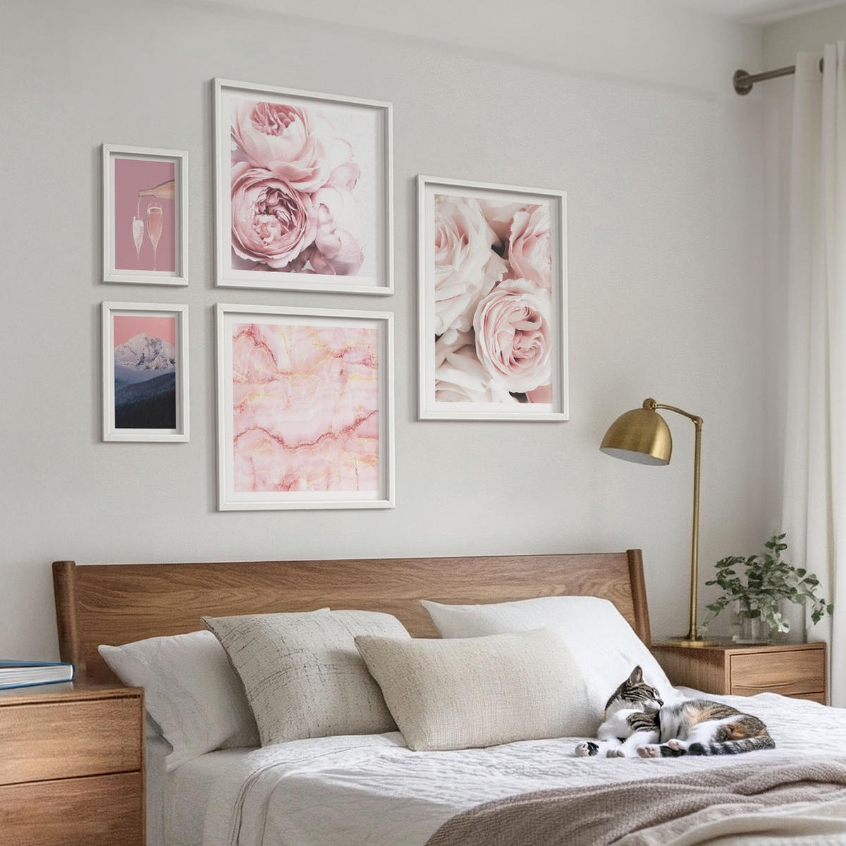WANDBILDER 5er-Set - 50x50 cm & 20x30 cm & 40x60 cm Weißer Rahmen - Eiffels Porträt einer Frau mit Rosen - Weiß, Kunststoff (40/60cm) - ArtPrintCave