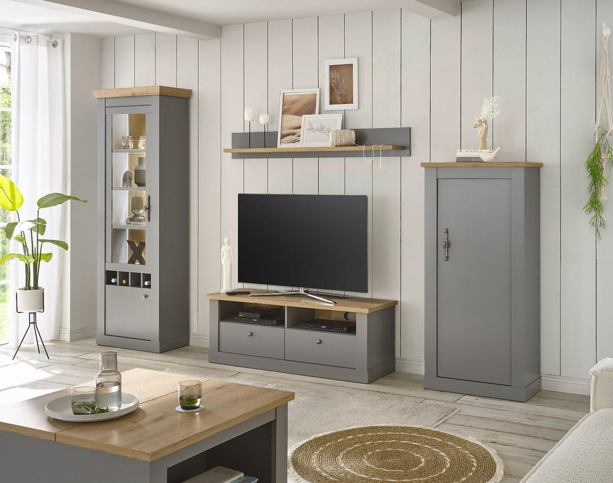 WOHNWAND grau, Artisan Eiche 4-teilig 291 cm, Wohnkombination im Landhaus-Stil - Silberfarben/Hellgrau, Glas/Holzwerkstoff (291/201/44cm) - Furn.Design