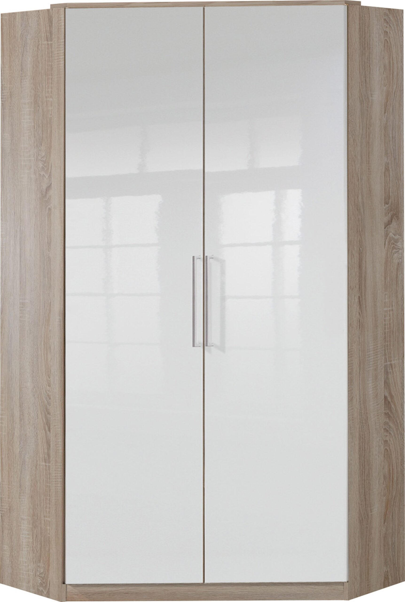 KLEIDERSCHRANK Greven in Hochglanz Lack Weiß mit Eiche Sägerau 91x199x58 cm (BxHxT) – Eckkleiderschrank - Weiß/Braun, Holzwerkstoff (120/200/80cm)