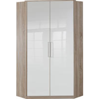 KLEIDERSCHRANK Greven in Hochglanz Lack Weiß mit Eiche Sägerau 91x199x58 cm (BxHxT) – Eckkleiderschrank - Weiß/Braun, Holzwerkstoff (120/200/80cm)