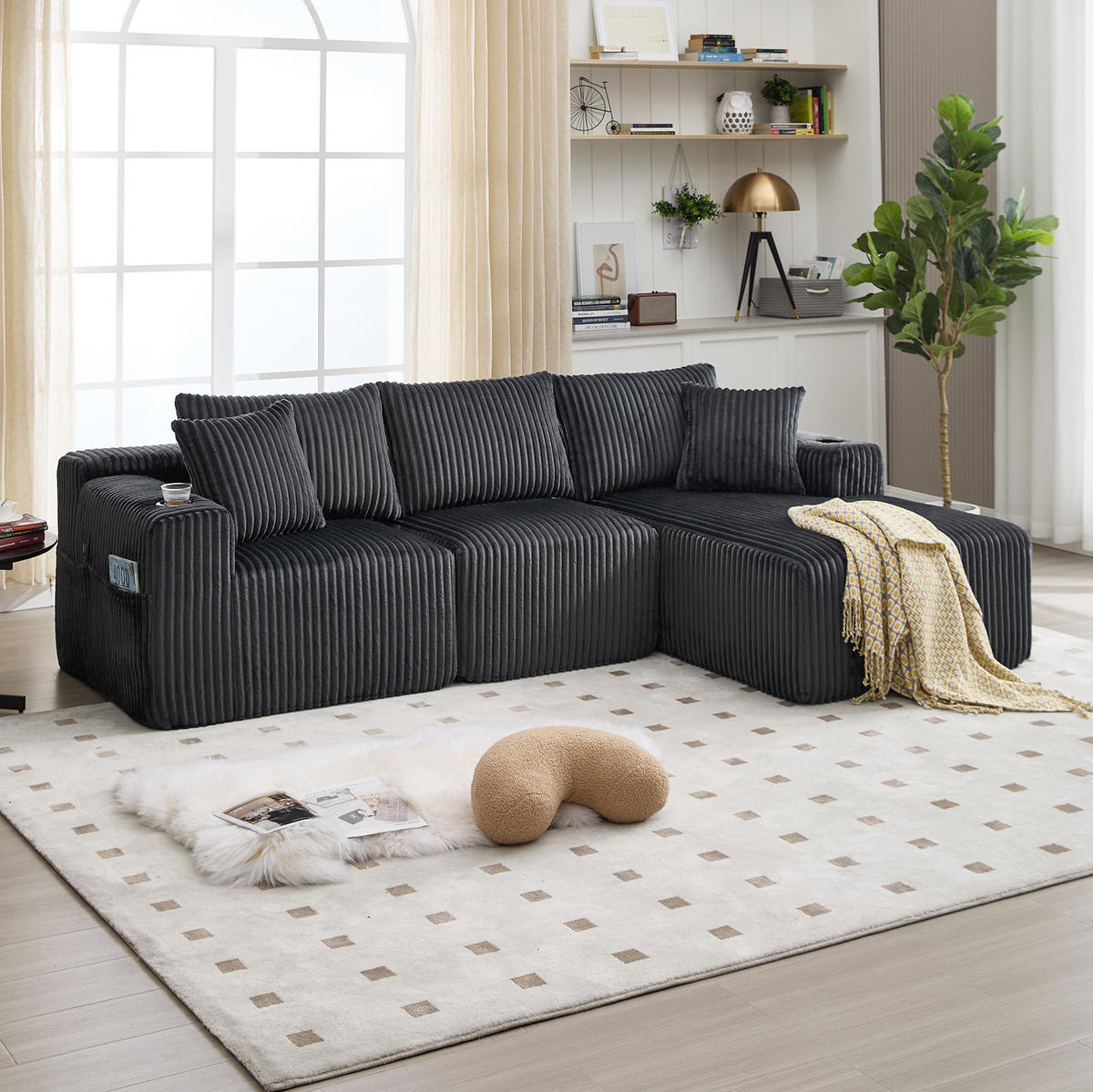 MODULARES Sofa Cord Chaiselongue und 2-Sitzer mit Kissen Taschen und Getränkehaltern 257/90 160/62 cm Grau - Grau, Textil (160/257cm) - Redom