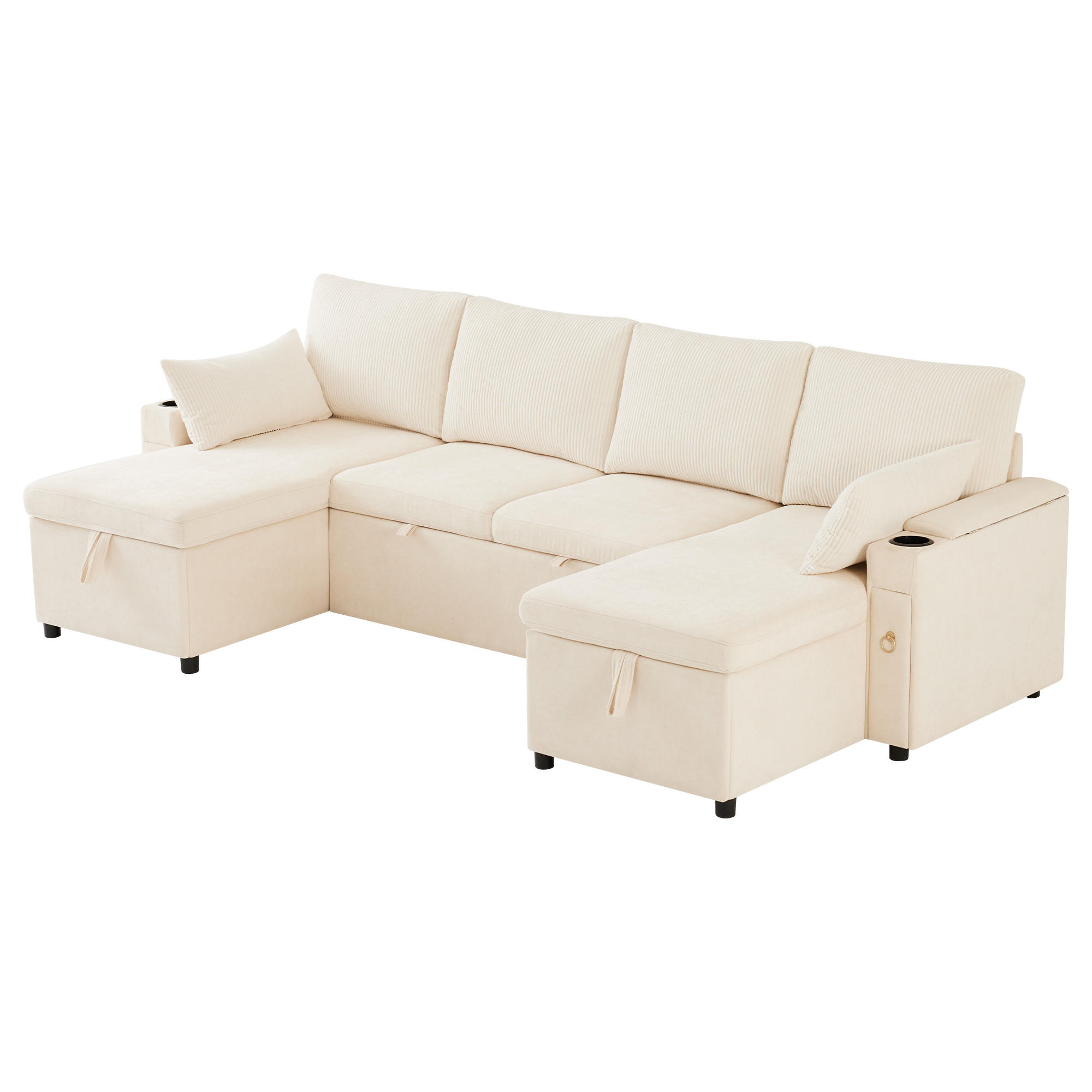 SCHLAFSOFA U-Form mit Getränkehalter und Stauraum, Beige - Beige, Textil (272/84/131cm)