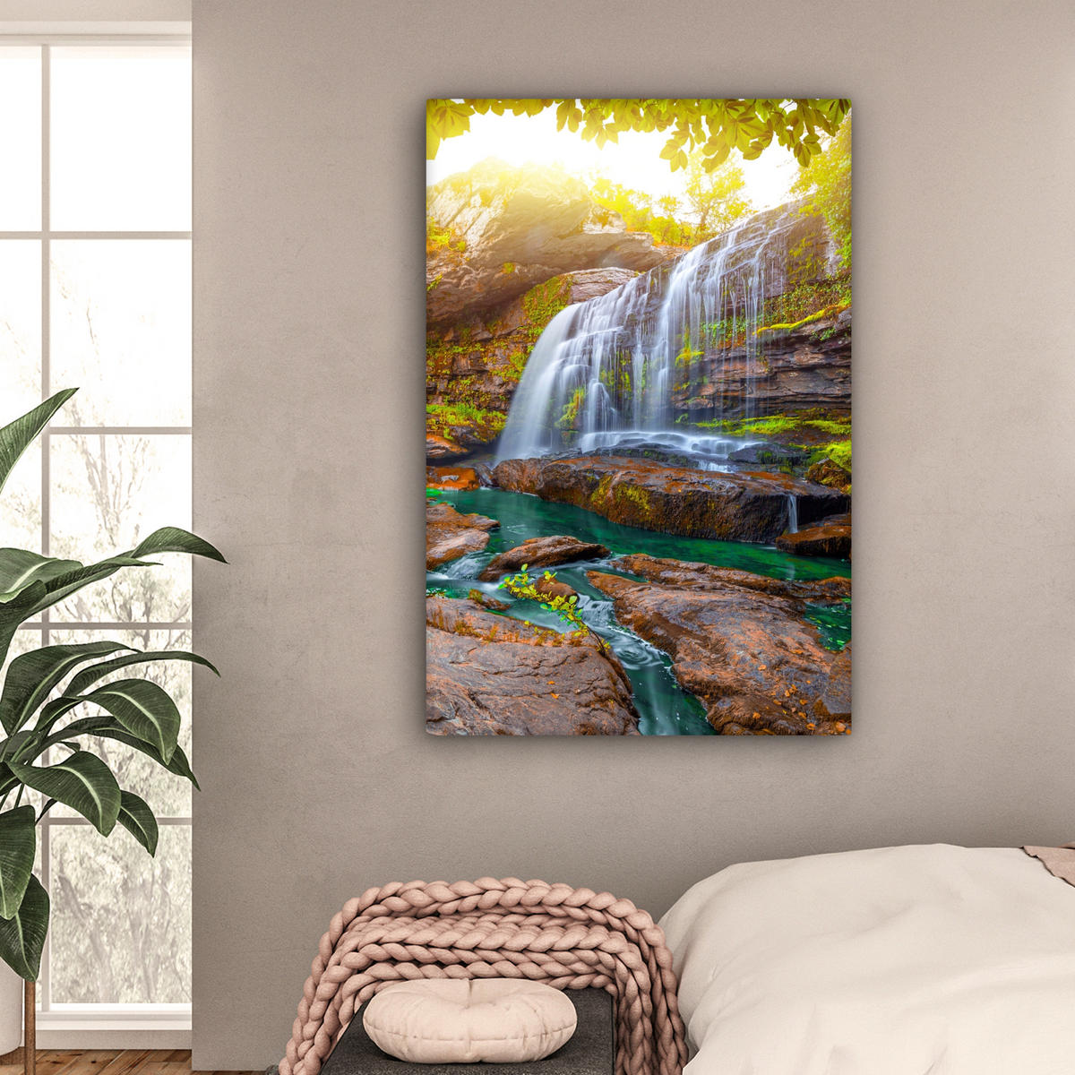 LEINWANDBILD Natur - Wasserfall - Pflanzen - Bäume - Sonne Deko Groß 90x140 cm - Olivgrün, Textil (90/140cm) - MuchoWow