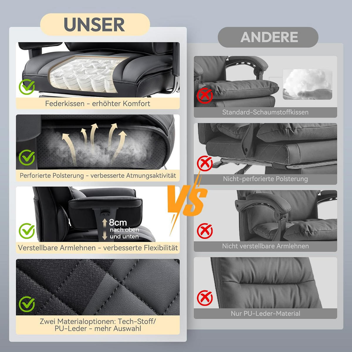 GAMING-STUHL & gefederten Sitzkissen Lendenwirbelstütze und Fußstützen - Schwarz, Leder (76/121/60cm)